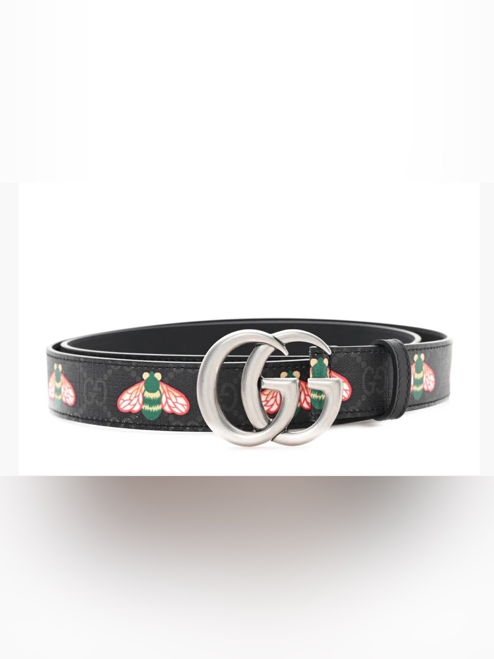 Gucci Black Bee-Print Leather Belt with Silver Double-G Buckle